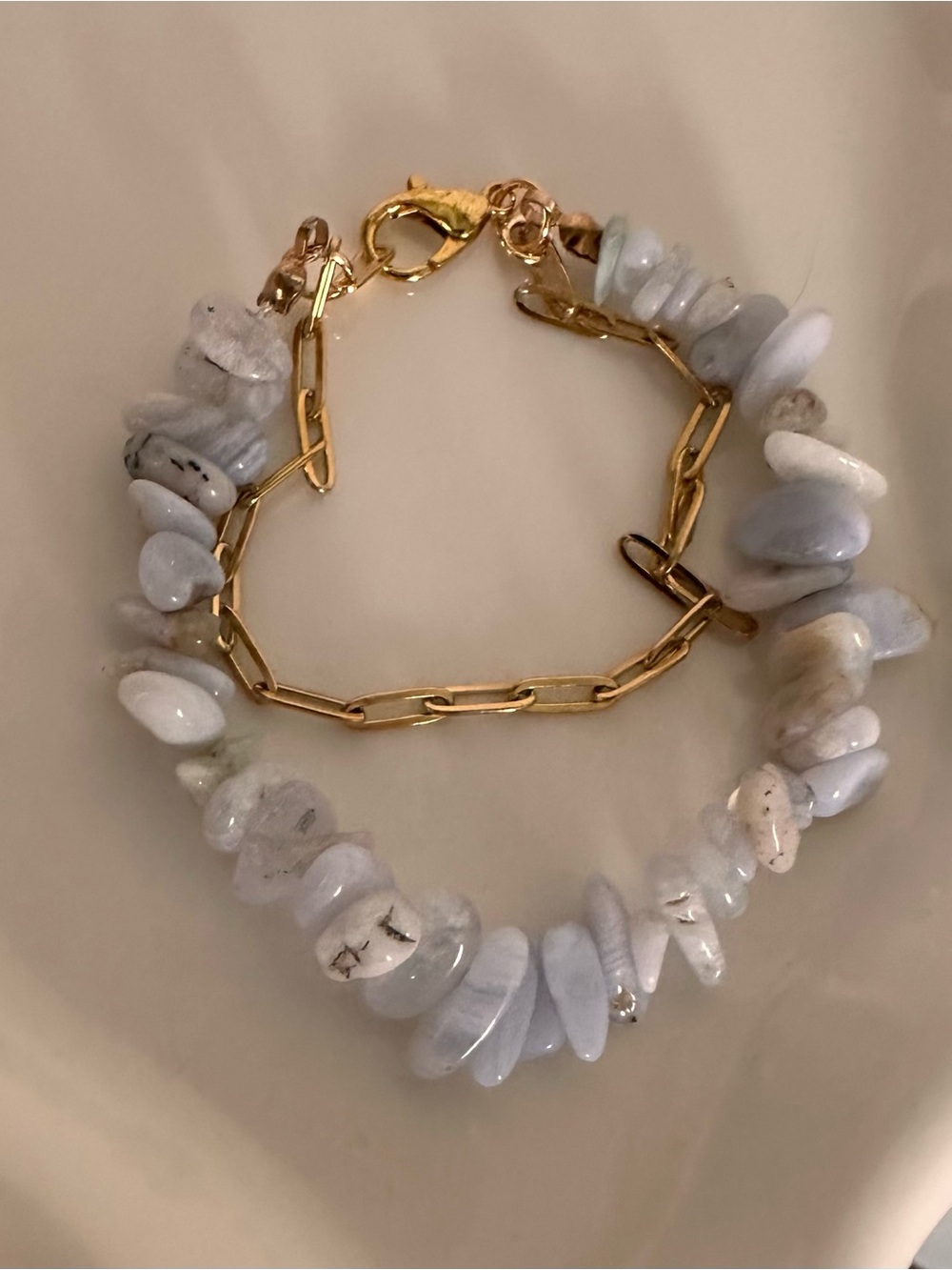 Gold Plated Paperclip Bracelet with Pale Blue Stone Chip Strand